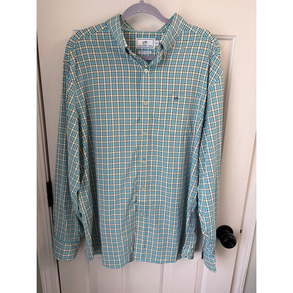 Southern Tide Men's Intercoastal Blue Yellow Gingham Plaid Button Down Size XL